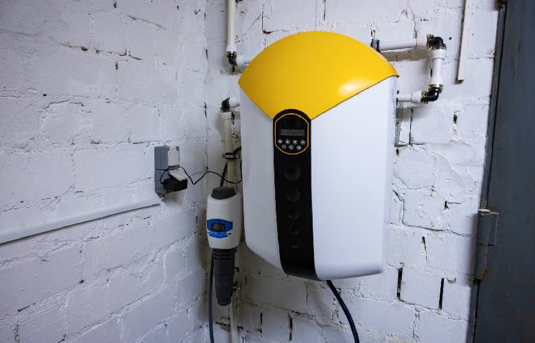 Een compacte Aqua Group waterverzachter met gele klep tegen een witte bakstenen muur.