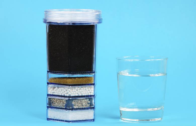 Een voorbeeld van een actieve koolfilter: een capsule met een laag actieve koolstof, zand en andere korrels. Naast de capsule staat een glas zacht water. De achtergrond is felblauw.
